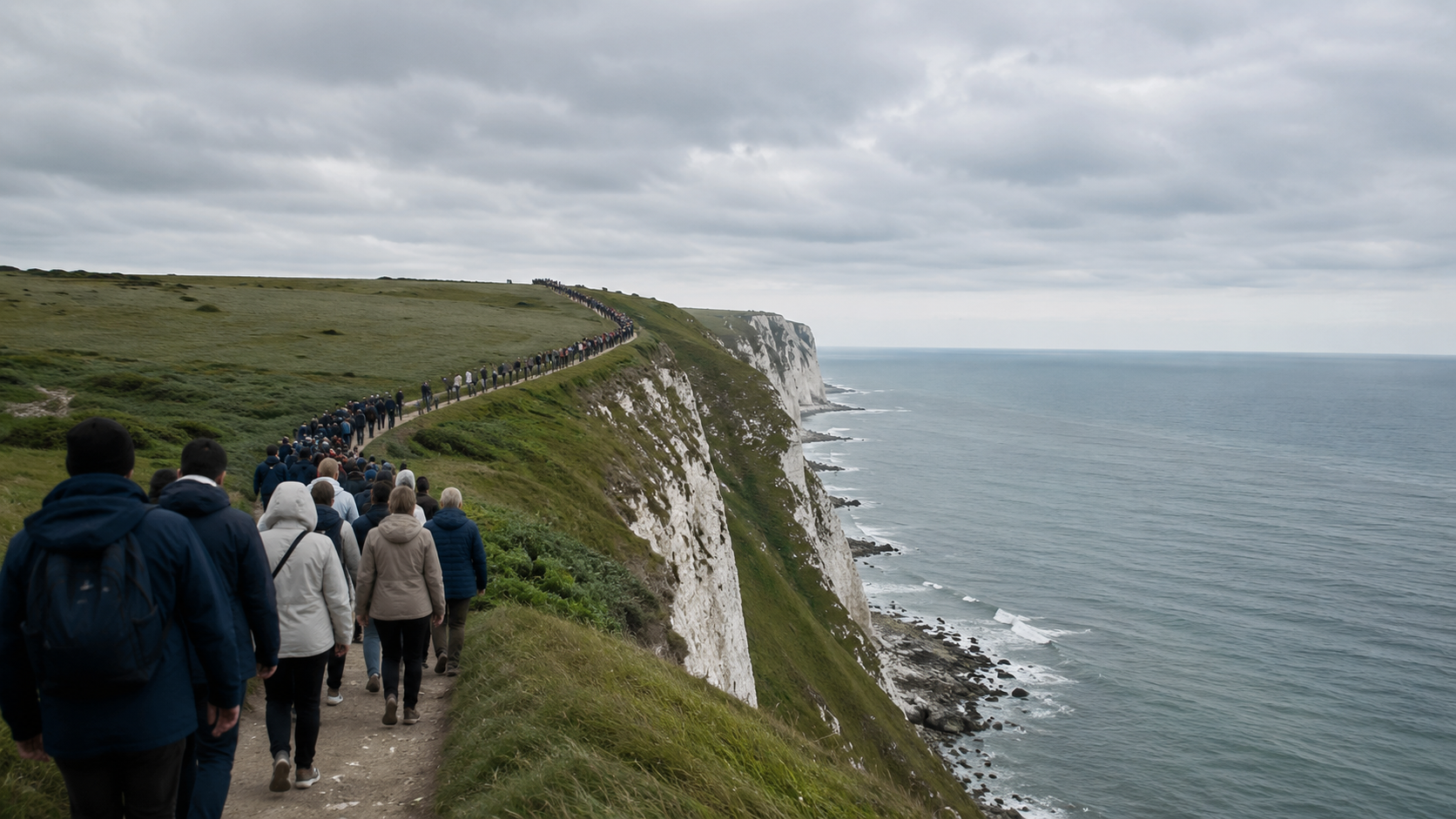 Sentier cotier bonde au sommet de hautes falaises de craie blanche, file anonyme de visiteurs de dos