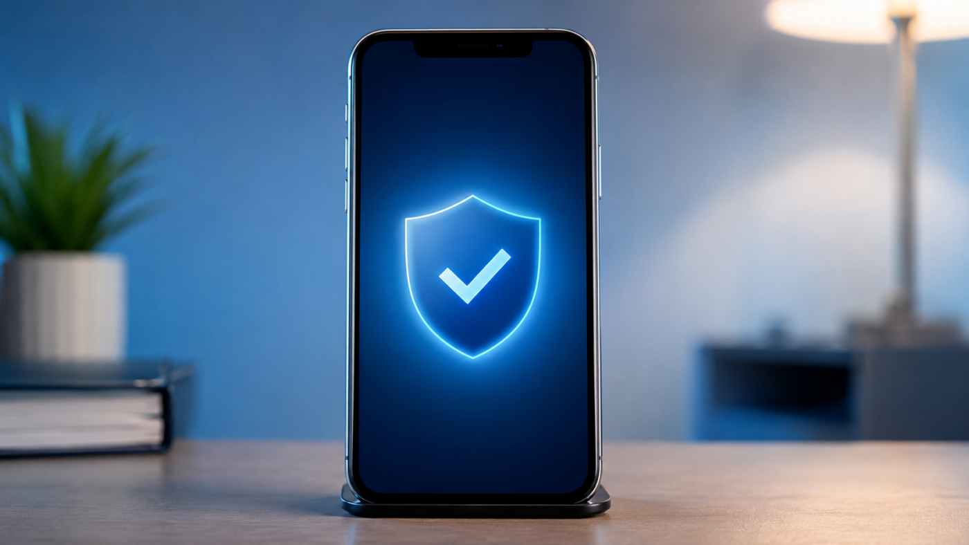 Une main tenant un smartphone affichant un écran de vérification abstrait avec bouclier et coche