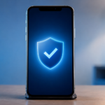 Une main tenant un smartphone affichant un écran de vérification abstrait avec bouclier et coche