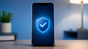 Une main tenant un smartphone affichant un écran de vérification abstrait avec bouclier et coche