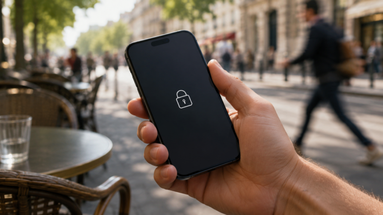 Une main tient un smartphone dont l'ecran vient de se verrouiller, sur une terrasse ensoleillee en ville.
