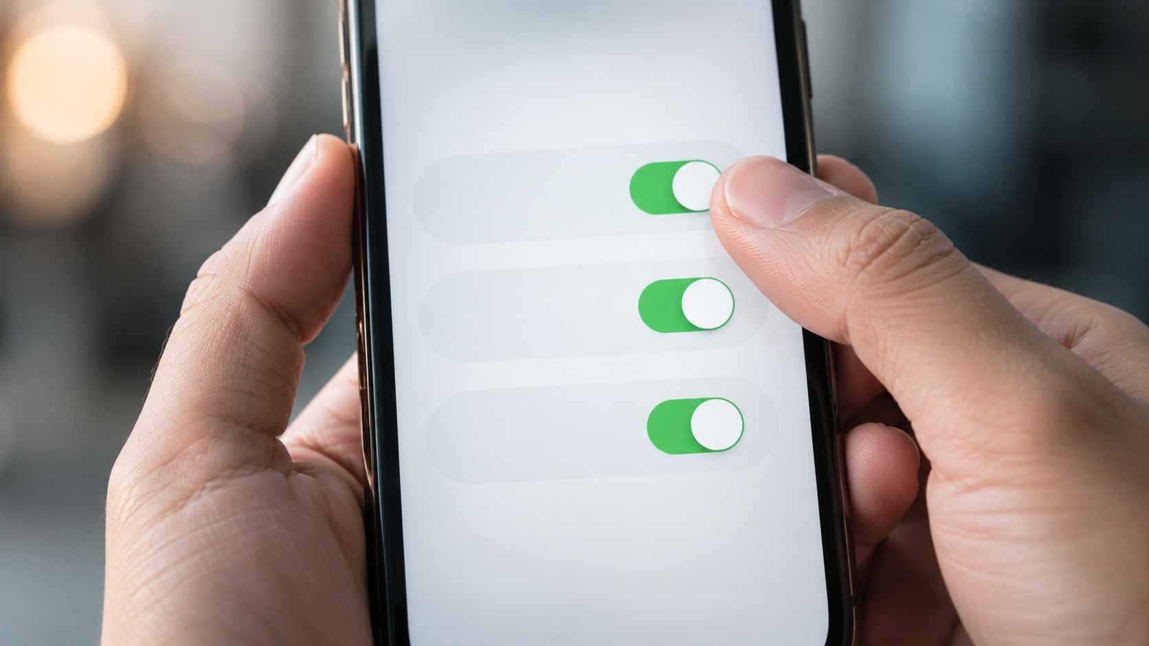 Un pouce active des interrupteurs de reglages de securite sur un smartphone.