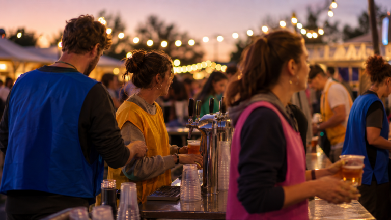 Bénévoles anonymes en chasubles colorées servant des boissons derrière un bar de festival en plein air à la tombée du jour