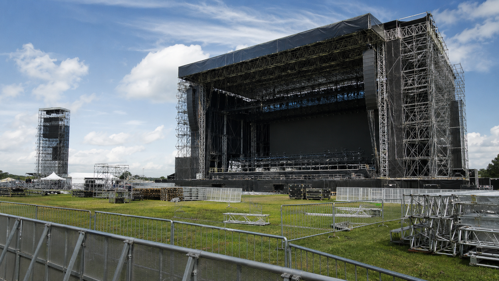 Site de festival vide en montage de jour, échafaudage de grande scène et barrières en cours d'assemblage