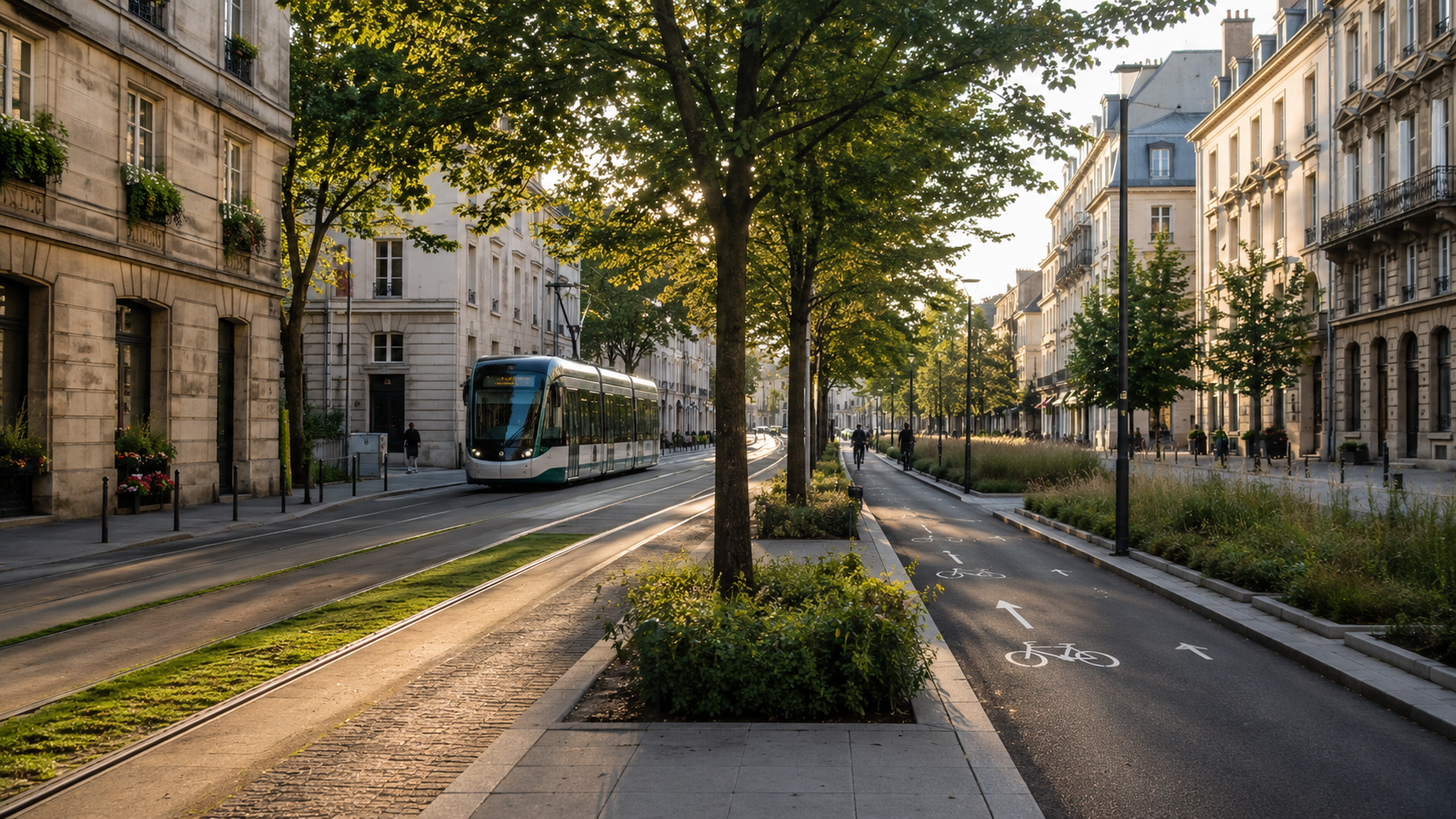 Rue européenne avec tramway, pistes cyclables et espaces verts