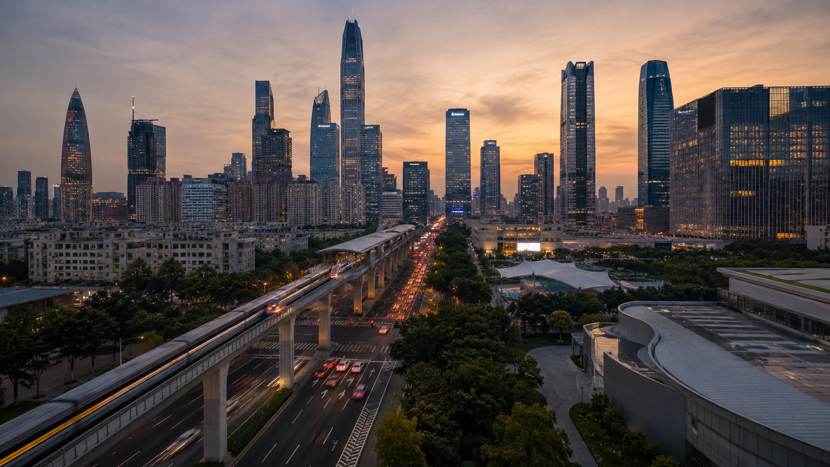 Skyline d'une grande ville asiatique moderne au crépuscule