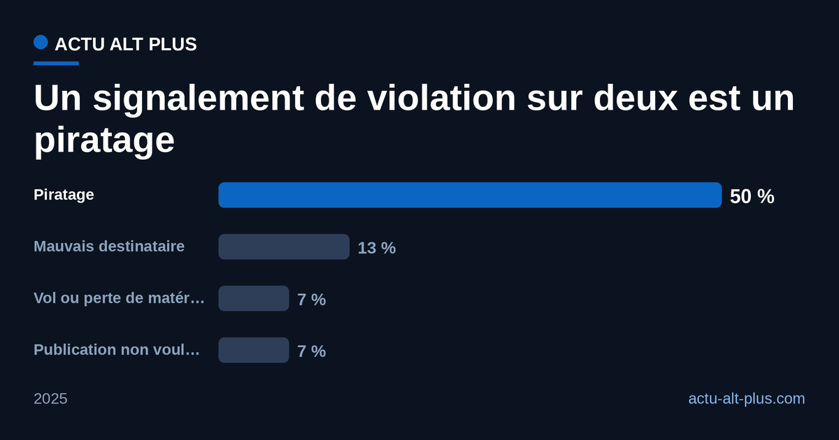 Répartition des violations de données notifiées à la CNIL en 2025 par nature : piratage 50 %, envoi au mauvais destinataire 13 %, vol ou perte de matériel 7 %, publication non intentionnelle 7 %