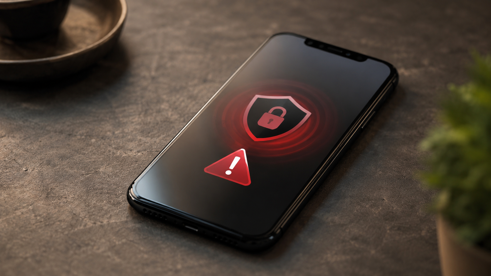 Un smartphone posé sur une table affichant une alerte de sécurité générique