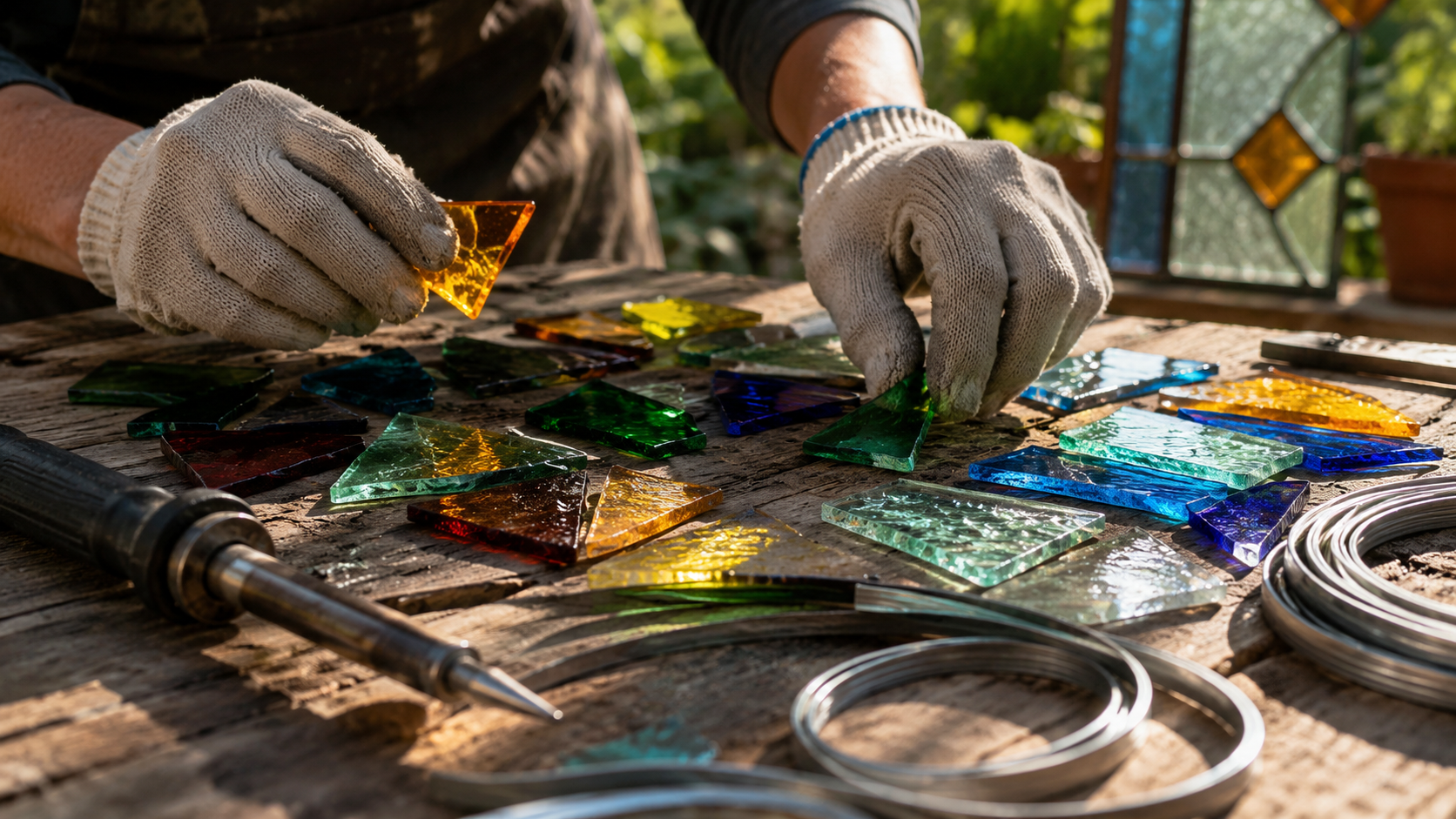 Morceaux de verre colorés à contre-jour, fer à souder et baguettes de plomb sur un établi de vitrailliste en plein air
