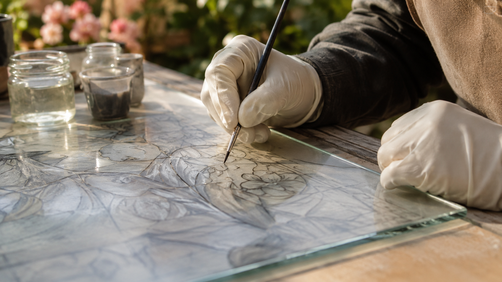 Mains gantées peignant à la grisaille des traits fins sur un morceau de verre posé sur un carton de vitrail