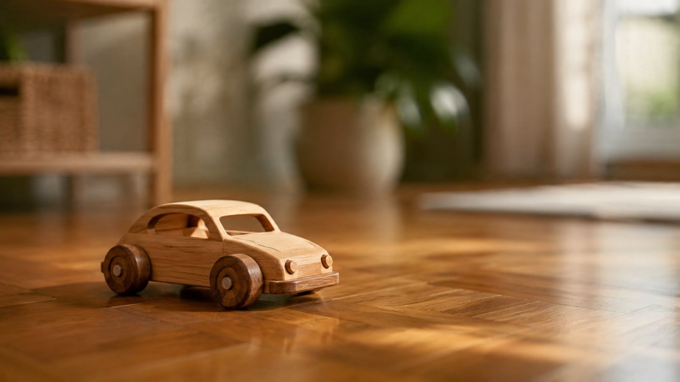 Une petite voiture jouet générique posée sur un parquet en bois dans une lumière douce