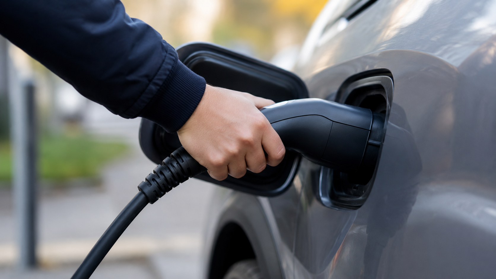 Des mains branchent un connecteur de recharge sur une voiture électrique