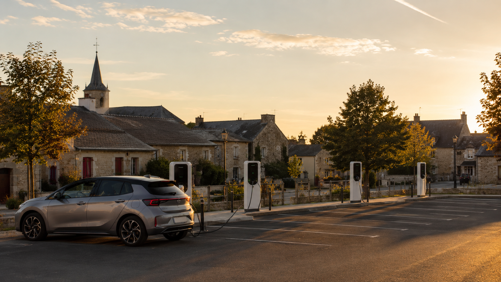 Des bornes de recharge publiques sur la place d'un village au crépuscule