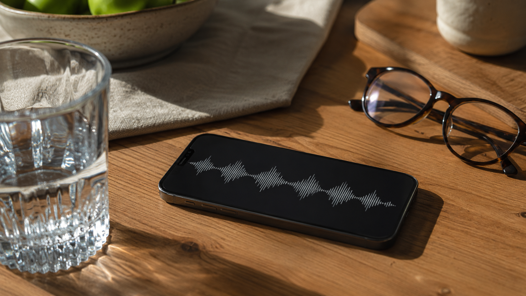 Un smartphone posé sur une table de cuisine affiche une forme d'onde audio abstraite