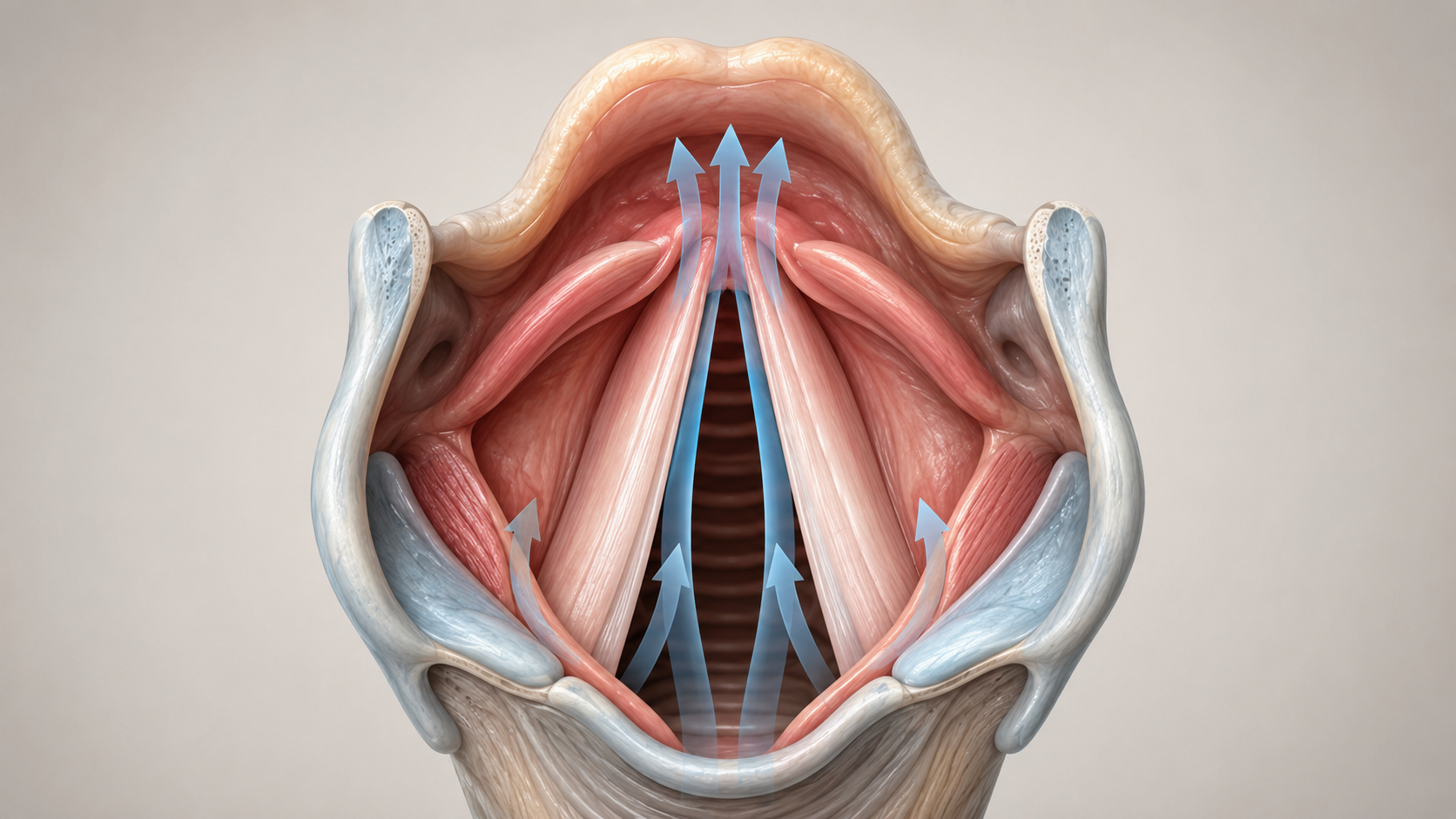 Schéma anatomique du larynx et des cordes vocales avec des flèches figurant le passage de l'air