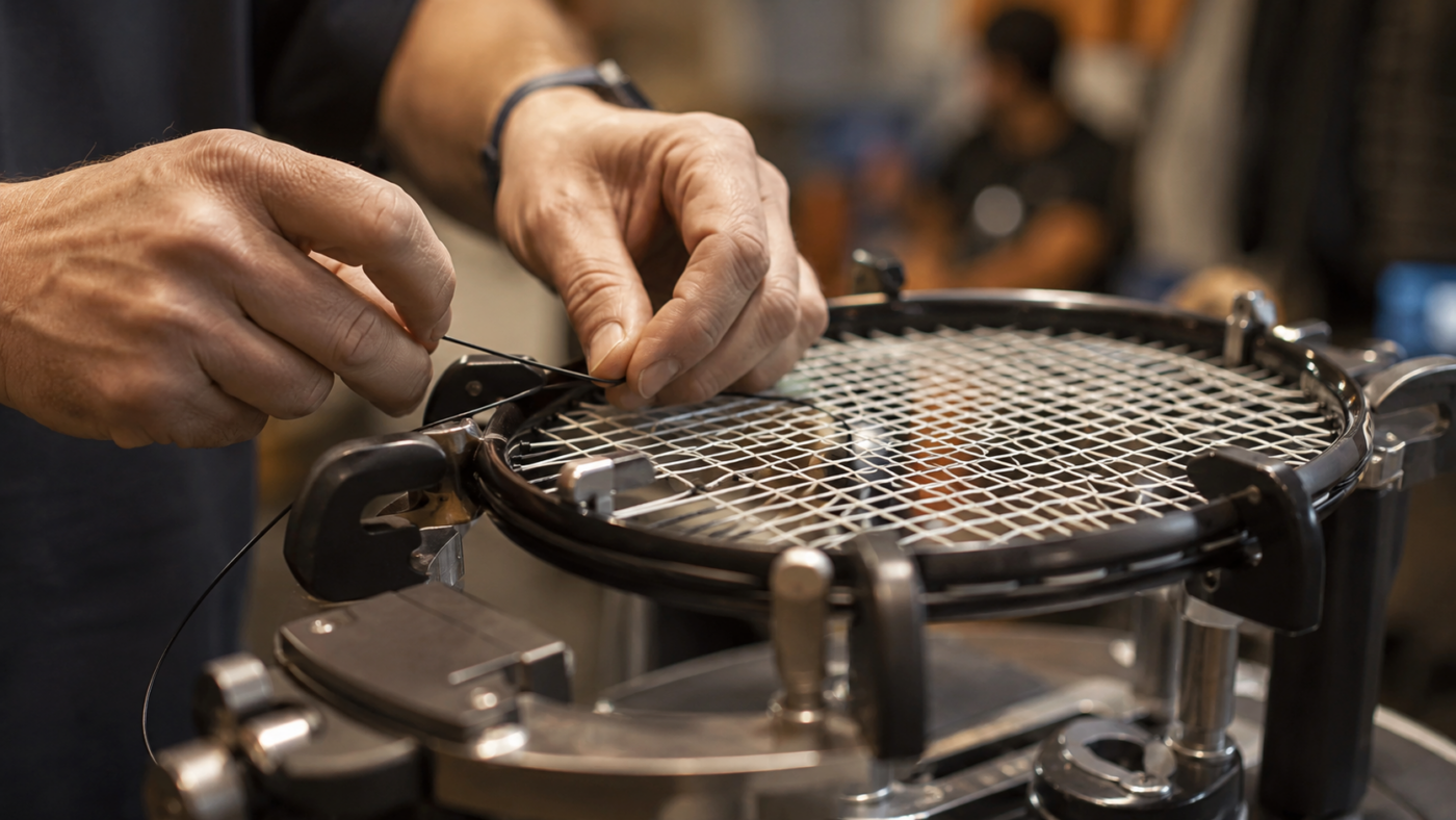 Mains d'un cordeur professionnel tissant les cordes d'une raquette de tennis sur une machine à corder