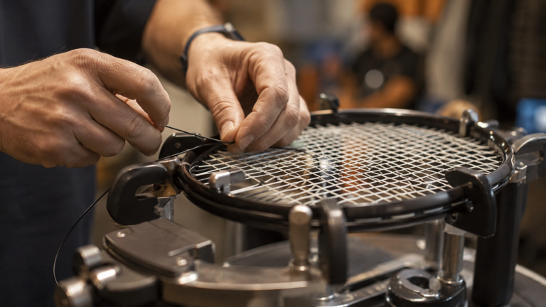 Mains d'un cordeur professionnel tissant les cordes d'une raquette de tennis sur une machine à corder