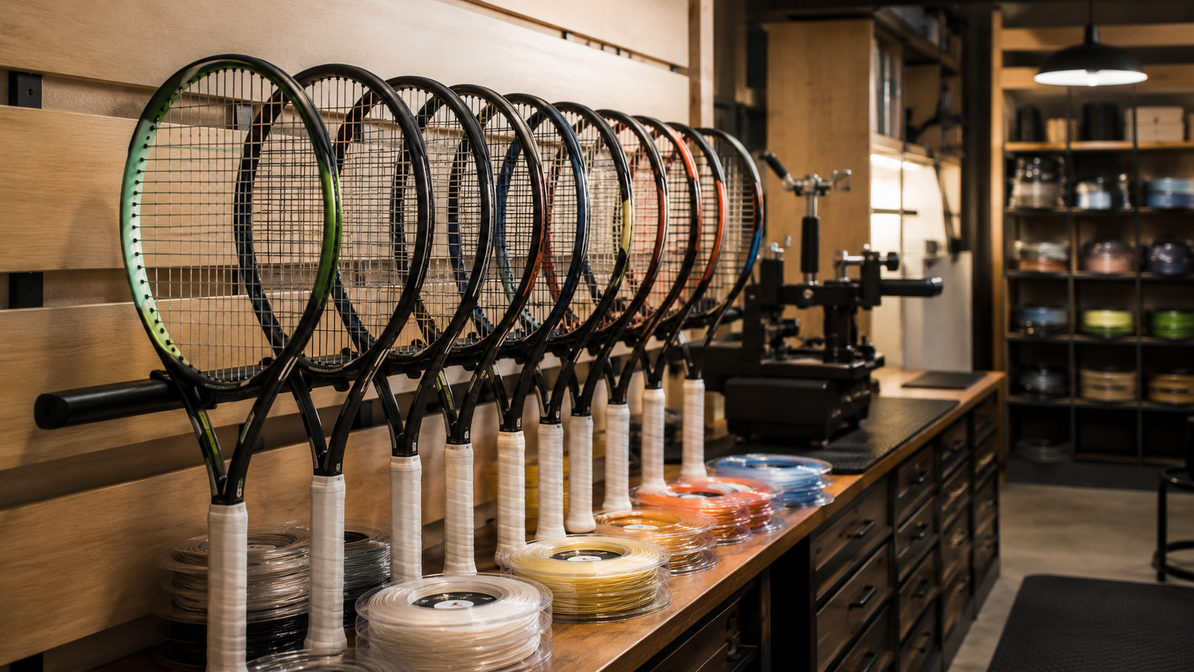 Raquettes de tennis alignées sur un rack d'atelier avec des bobines de cordage à côté
