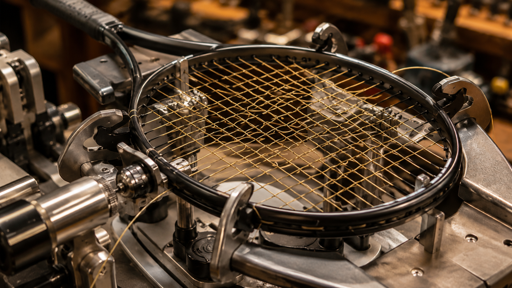 Machine à corder équipée d'une raquette de tennis en cours de mise en tension