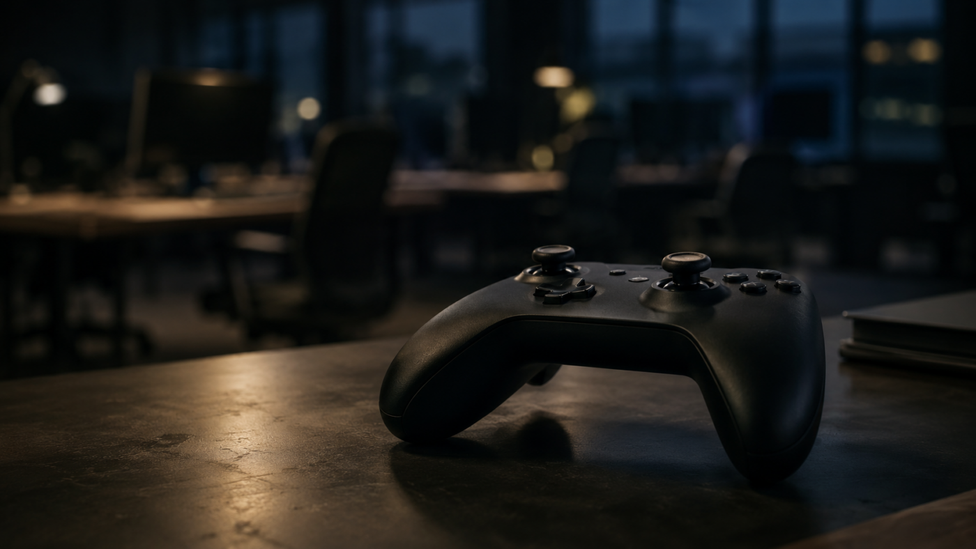 Une manette de jeu posee sur un bureau de studio desert dans une lumiere tamisee