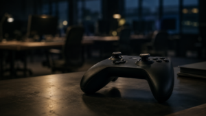 Une manette de jeu posee sur un bureau de studio desert dans une lumiere tamisee