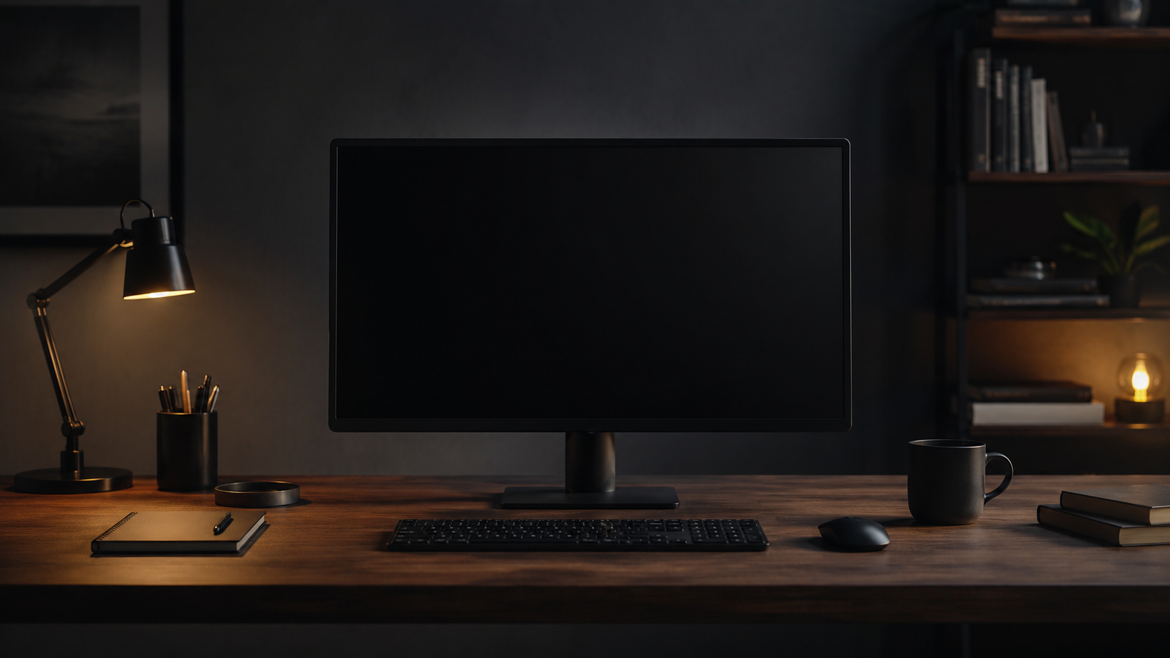 Un ecran d'ordinateur eteint sur un bureau range dans une piece sombre