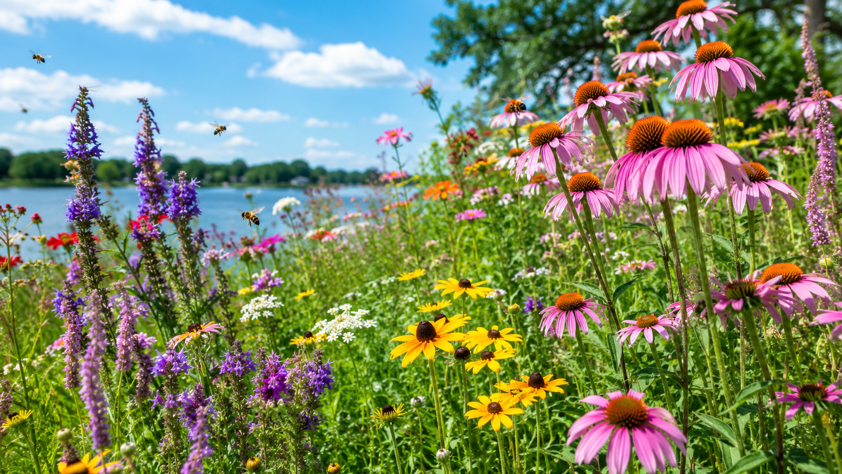 Une bande de jardin fleurie de plantes sauvages, favorable aux pollinisateurs