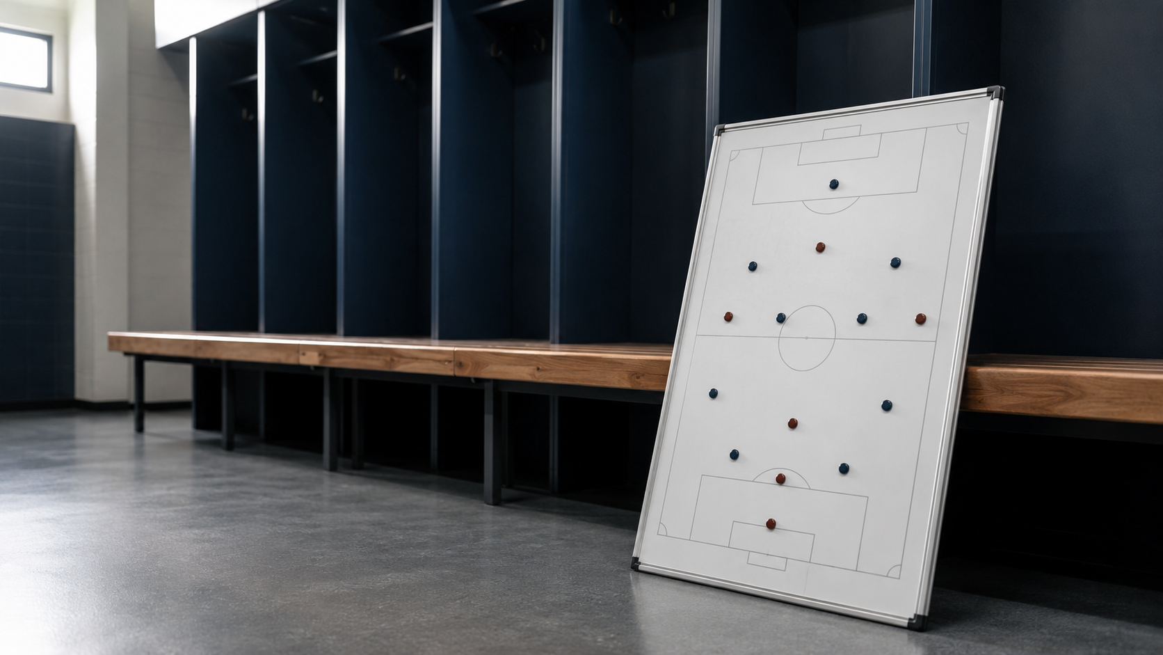 Un tableau tactique magnétique vierge posé contre un banc dans un vestiaire vide