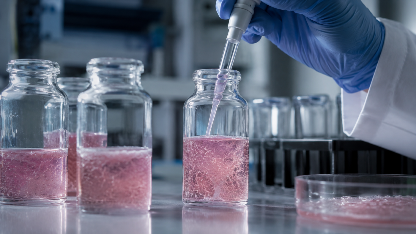 Des flacons contenant une suspension cellulaire rosée sur une paillasse de laboratoire et une main gantée qui tient une pipette.
