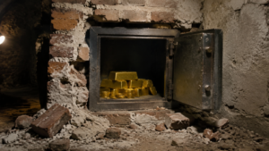 Coffre métallique encastré dans un mur de brique de cave, porte ouverte sur des lingots et des pièces d’or, gravats au sol.