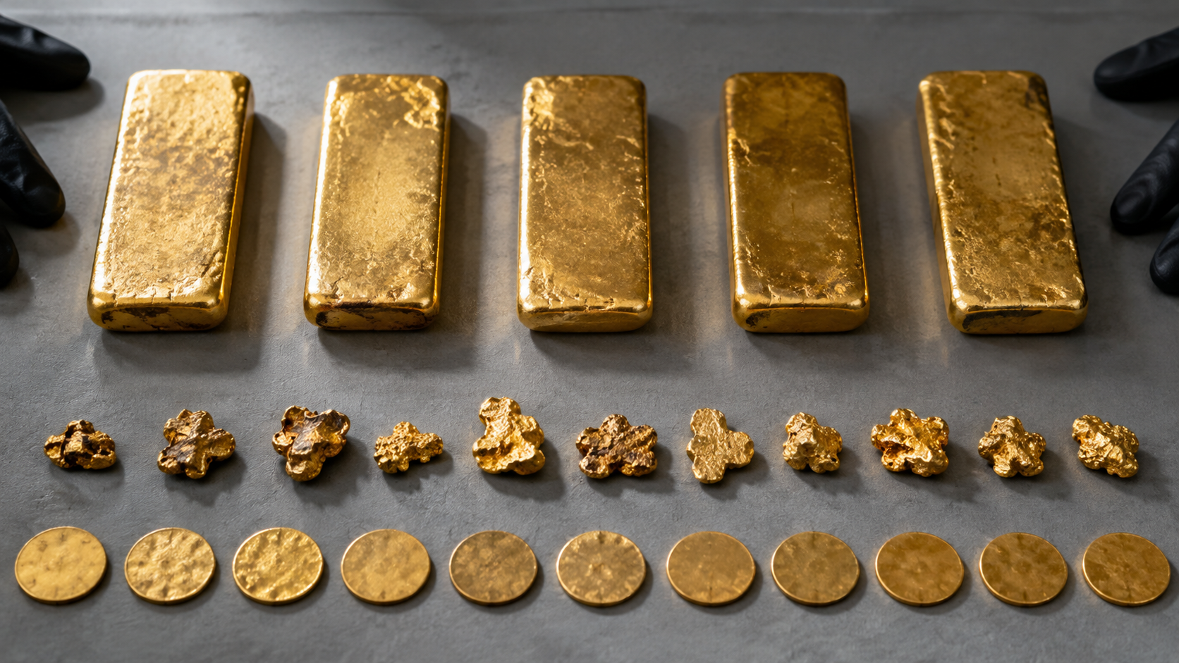 Lingots, pépites et pièces d’or alignés sur une table grise, mains gantées au bord du cadre, sans visage.