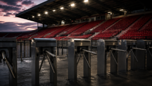 Tribune de stade vide au crépuscule, rangées de sièges rouges et tourniquets fermés au premier plan.