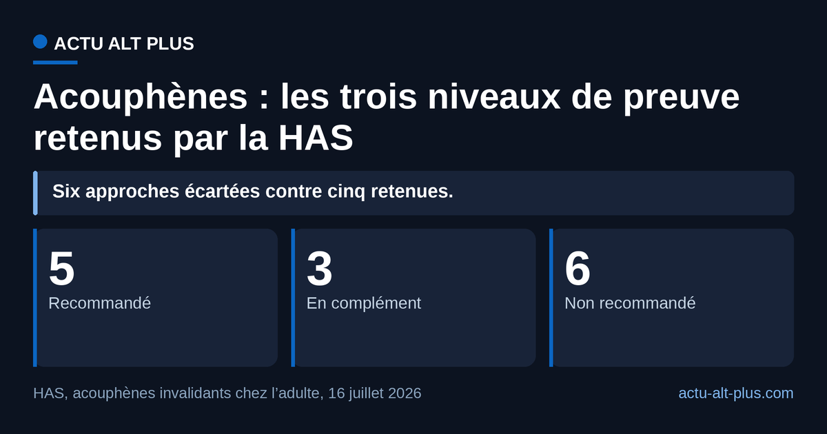 Six approches vendues contre les acouphènes sont écartées par la HAS faute de preuves suffisantes, contre cinq retenues dans le parcours de soins. Décompte AAP des approches nommément citées dans les documents HAS du 16 juillet 2026 : une approche non recommandée n’est pas interdite, elle est sans preuve.