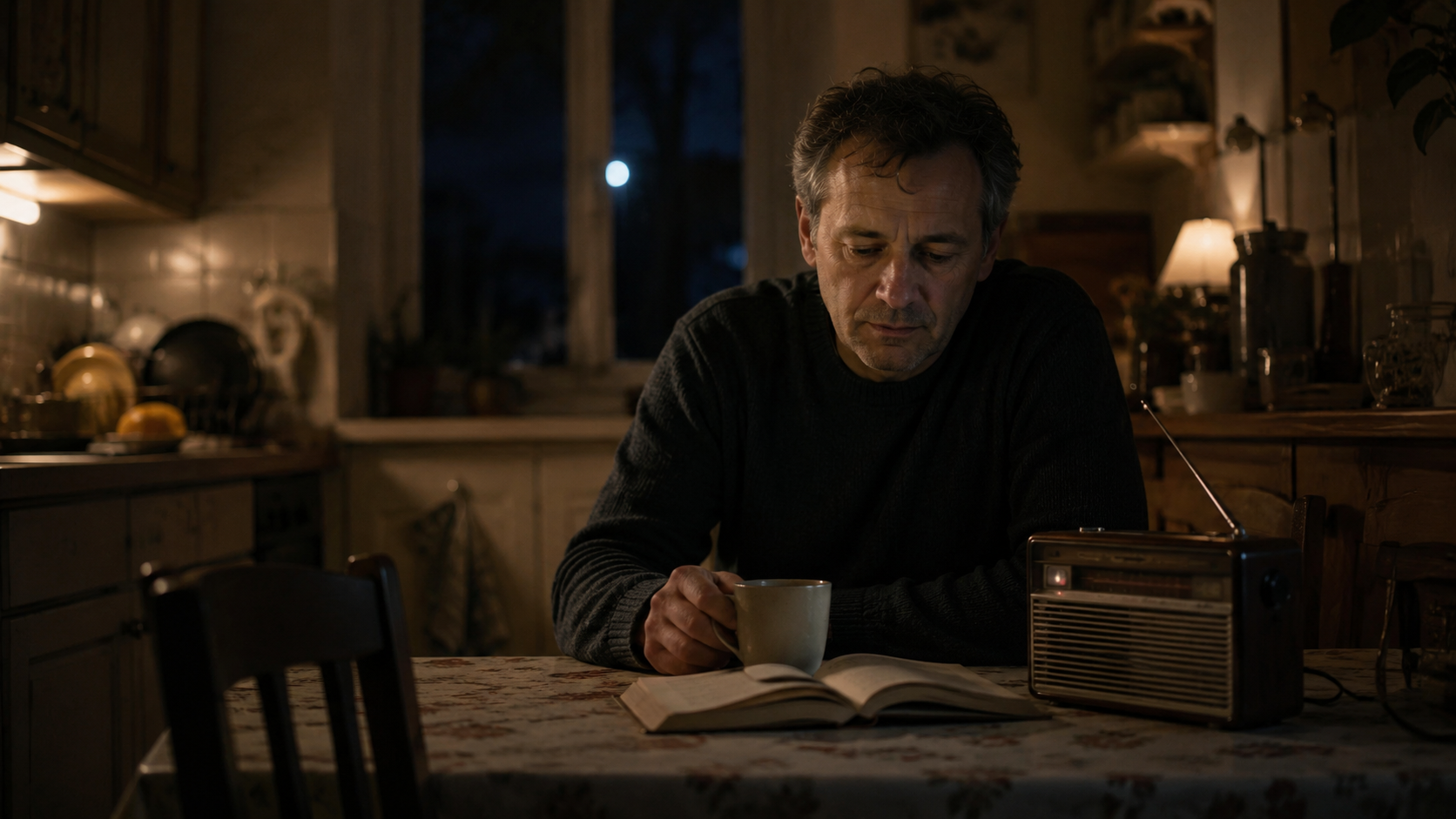 Un homme d’une cinquantaine d’années assis seul à la table de sa cuisine la nuit, une petite radio allumée à côté de lui.