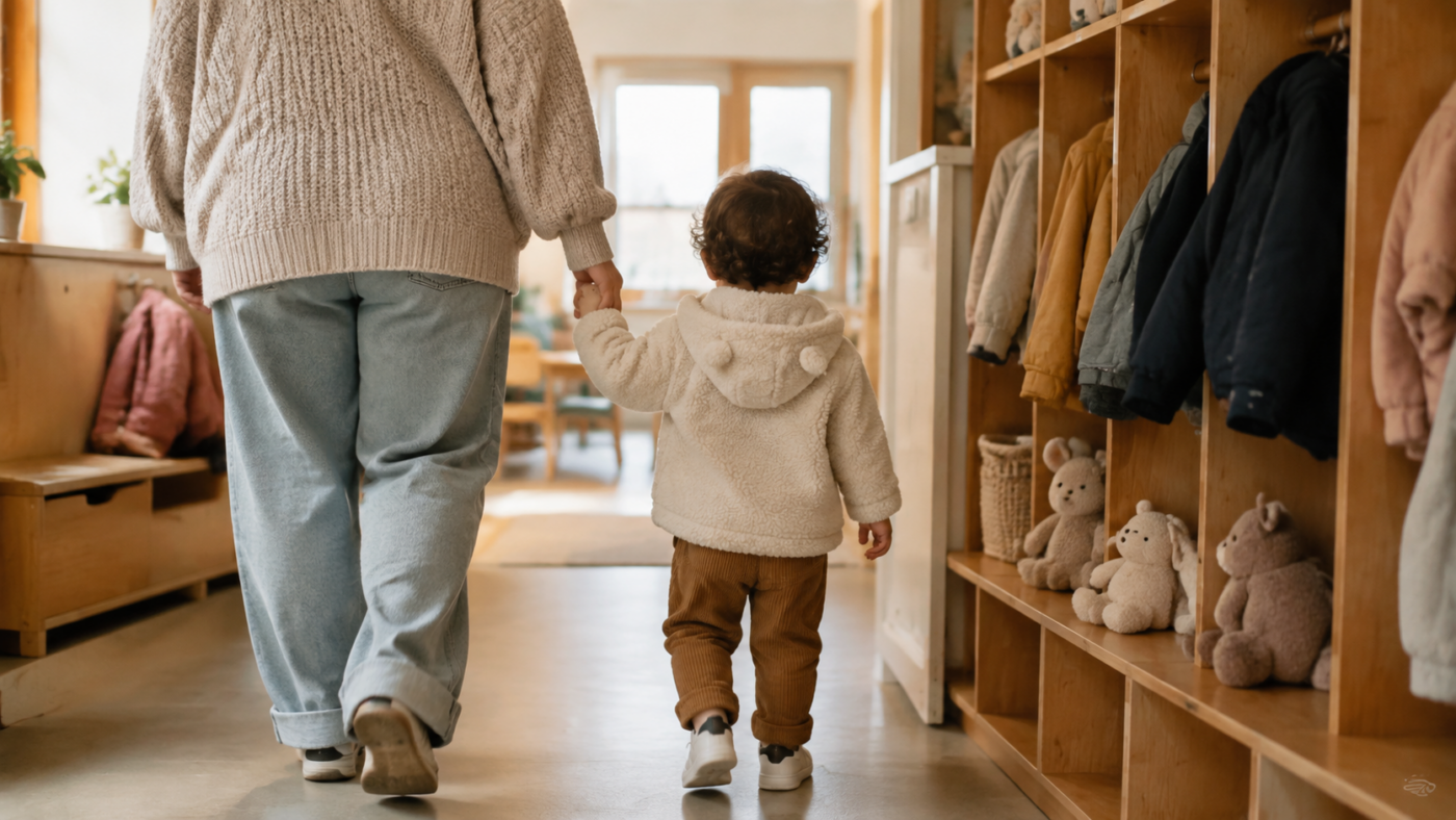 Vestiaire d'une crèche avec casiers en bois, manteaux et doudous, un tout-petit de dos tenant la main d'un adulte