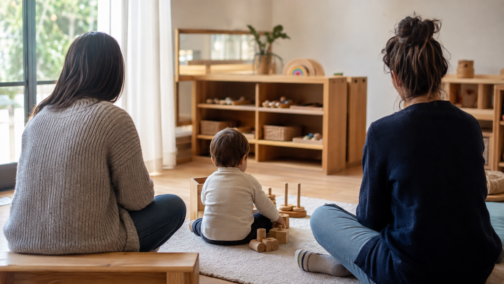Salle de vie d'une crèche : un parent assis sur un banc bas près d'un tout-petit de dos qui joue, une professionnelle de dos à proximité