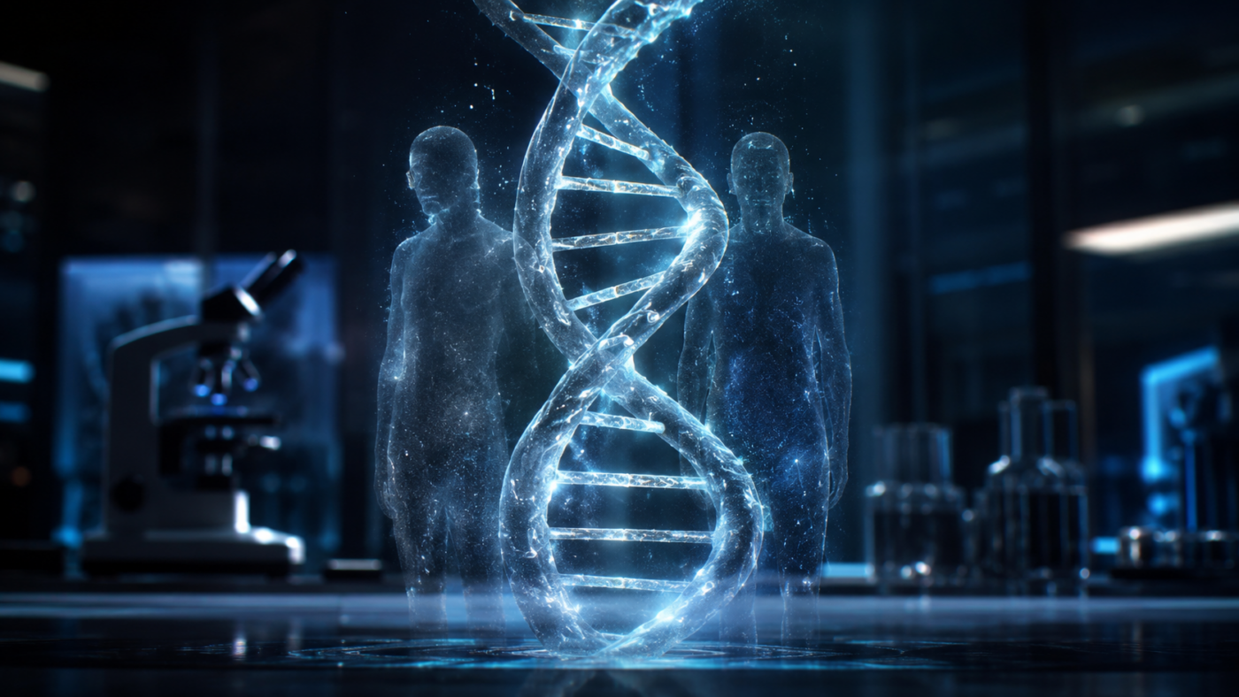 Double hélice d'ADN lumineuse dans un laboratoire sombre, deux silhouettes humaines translucides sans visage émergeant des brins comme des ombres.