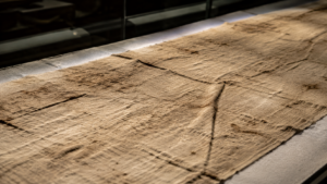 Gros plan sur une toile de lin ancienne, tissage irrégulier et plis marqués, posée à plat sur une table de conservation en lumière rasante.