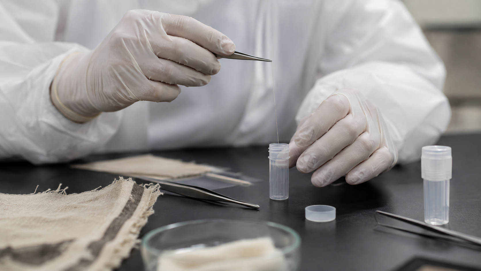 Des mains gantées prélèvent un unique fil de lin à la pince au-dessus d'un tube d'échantillon ouvert, sur une paillasse de laboratoire.