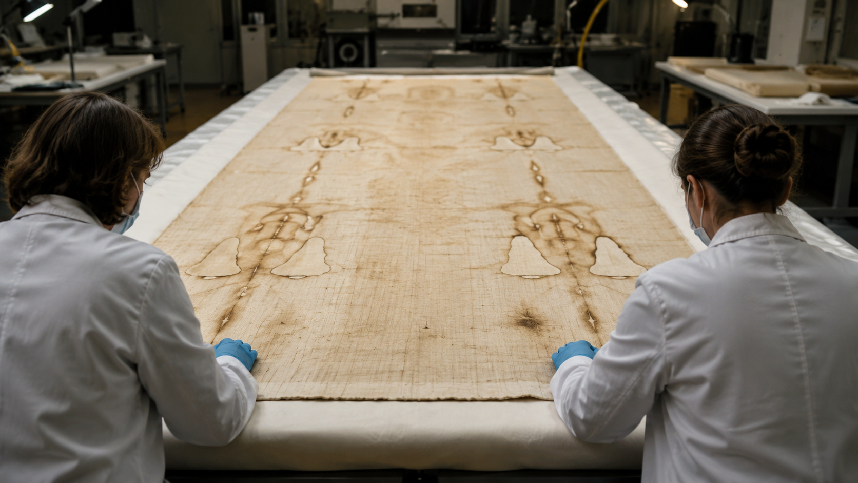Un grand textile ancien déployé à plat sur une table capitonnée, deux personnes de dos en blouse, masque et gants, l'examinent dans un atelier de musée.