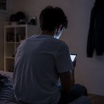 Un adolescent de dos, assis au bord de son lit dans une chambre française le soir, éclairé par l’écran de son téléphone.