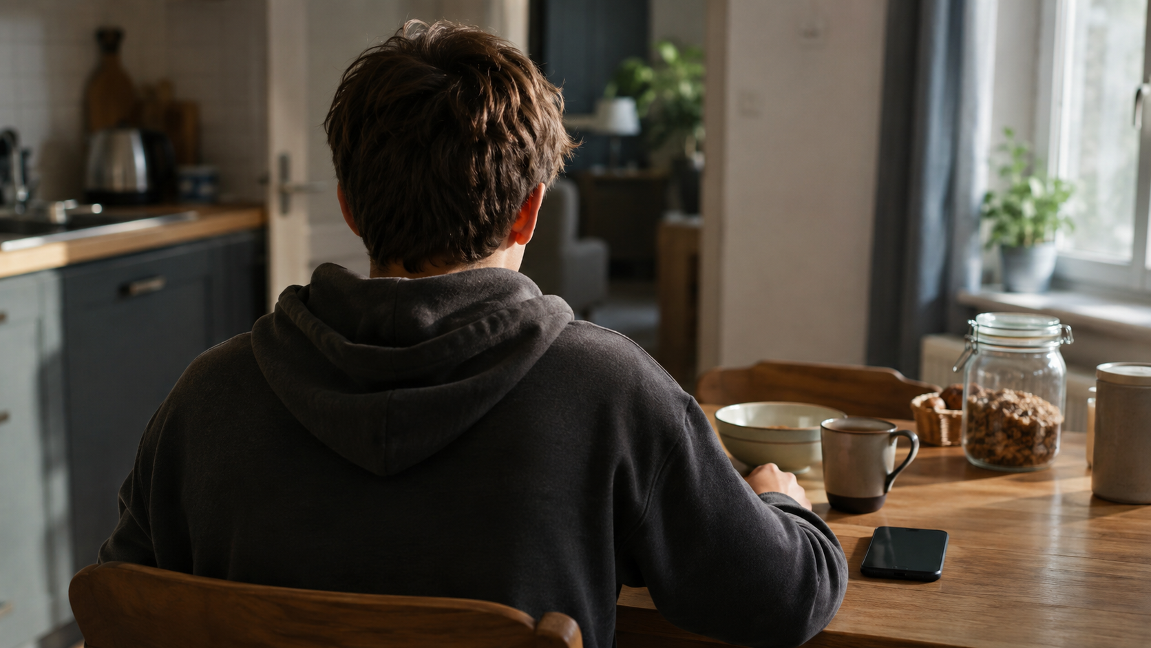 Un adolescent vu de dos à la table du petit déjeuner d’une cuisine française, un téléphone retourné posé près de sa main.