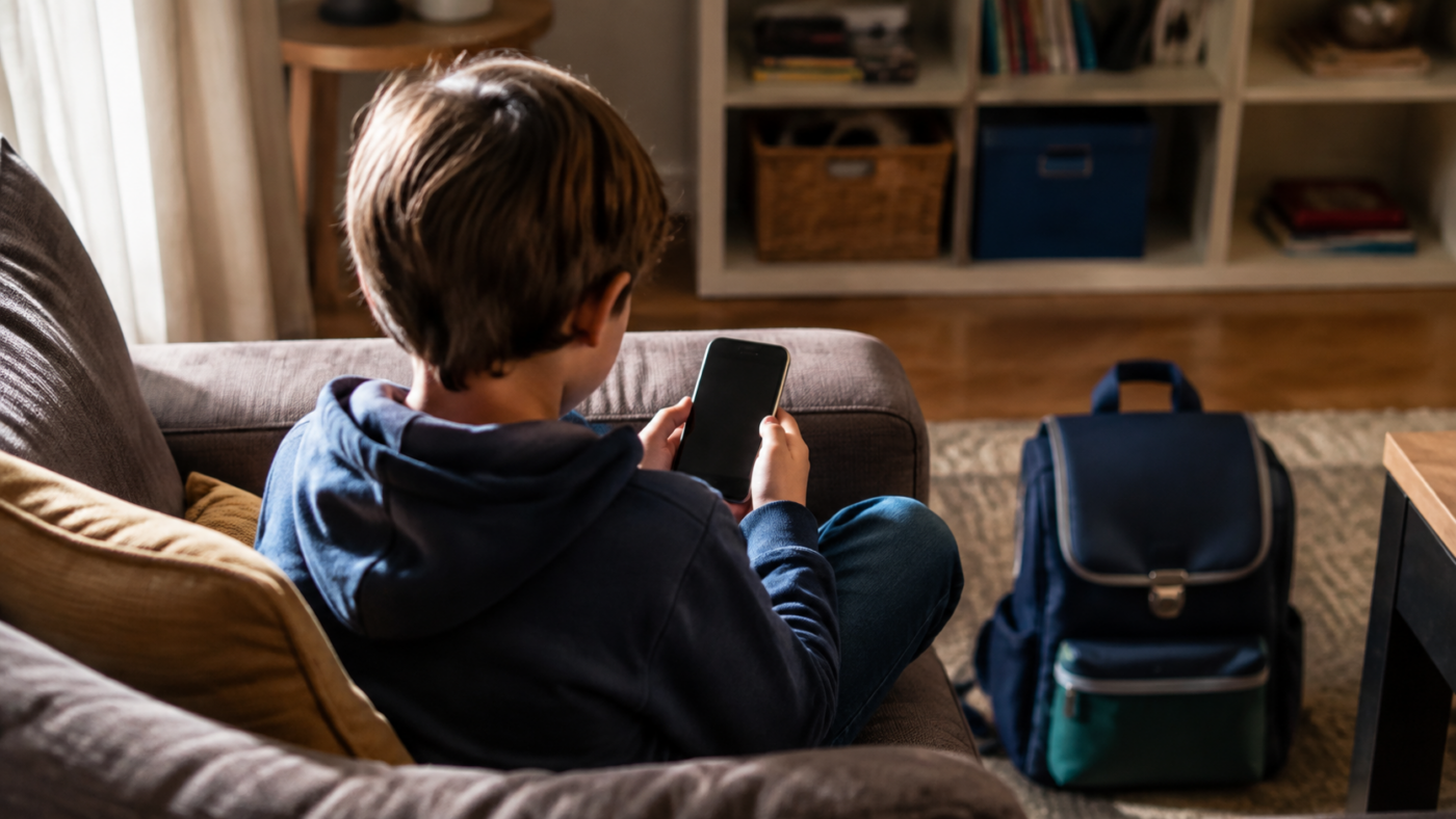 Enfant vu de dos assis sur un canapé, un smartphone à la main, cartable posé au sol.