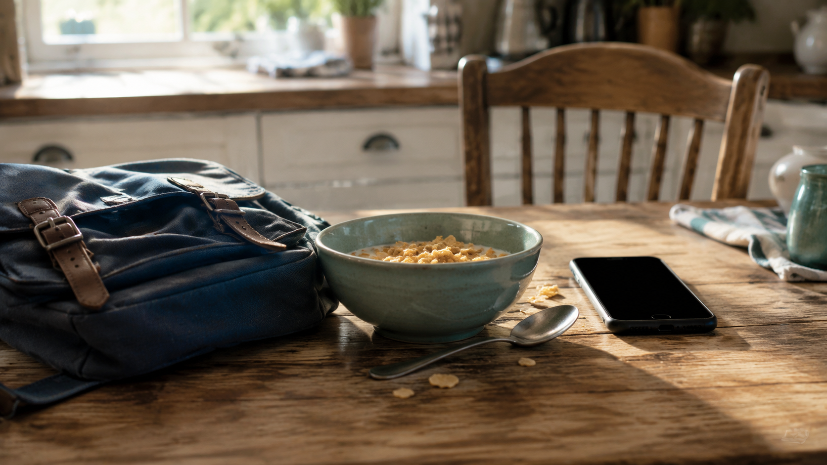 Cartable, bol de céréales et smartphone éteint posés côte à côte sur une table de cuisine le matin.