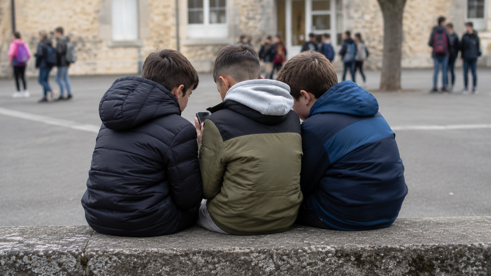 Trois collégiens vus de dos, assis sur un muret, regardent ensemble un téléphone pendant la récréation.
