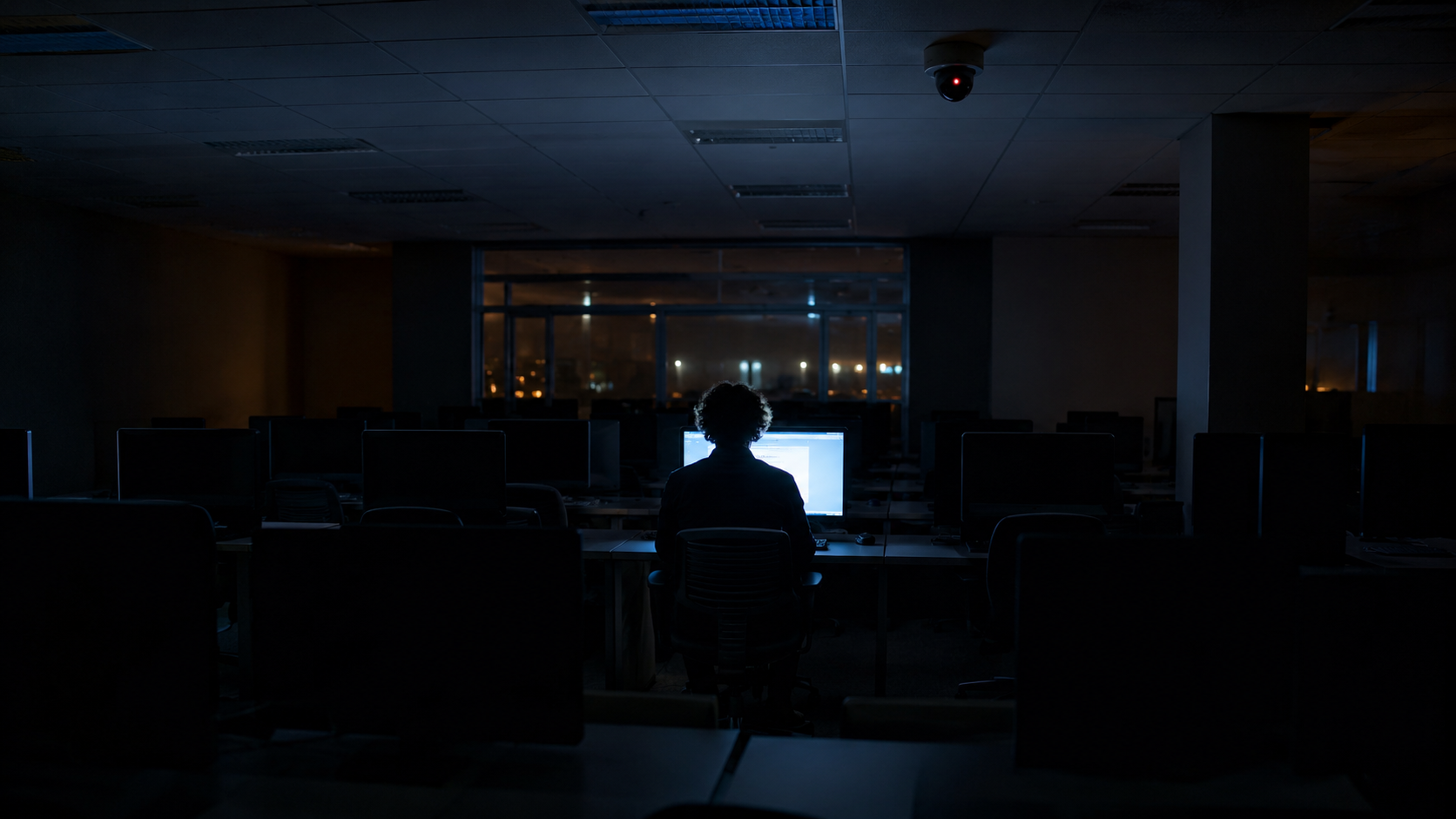 Une salle informatique universitaire déserte la nuit, un seul poste allumé, une personne de dos devant l’écran.