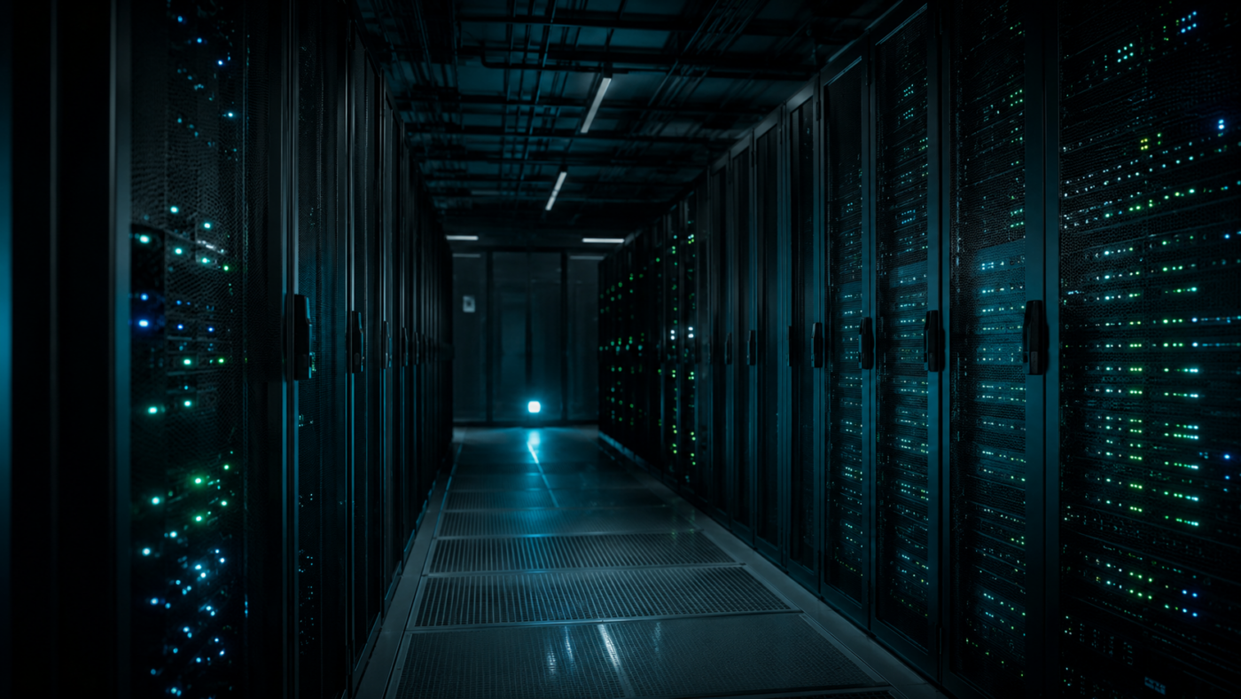 Allée de datacenter la nuit, deux rangées de baies de serveurs constellées de LED d'état, lueur bleu-vert, aucune présence humaine