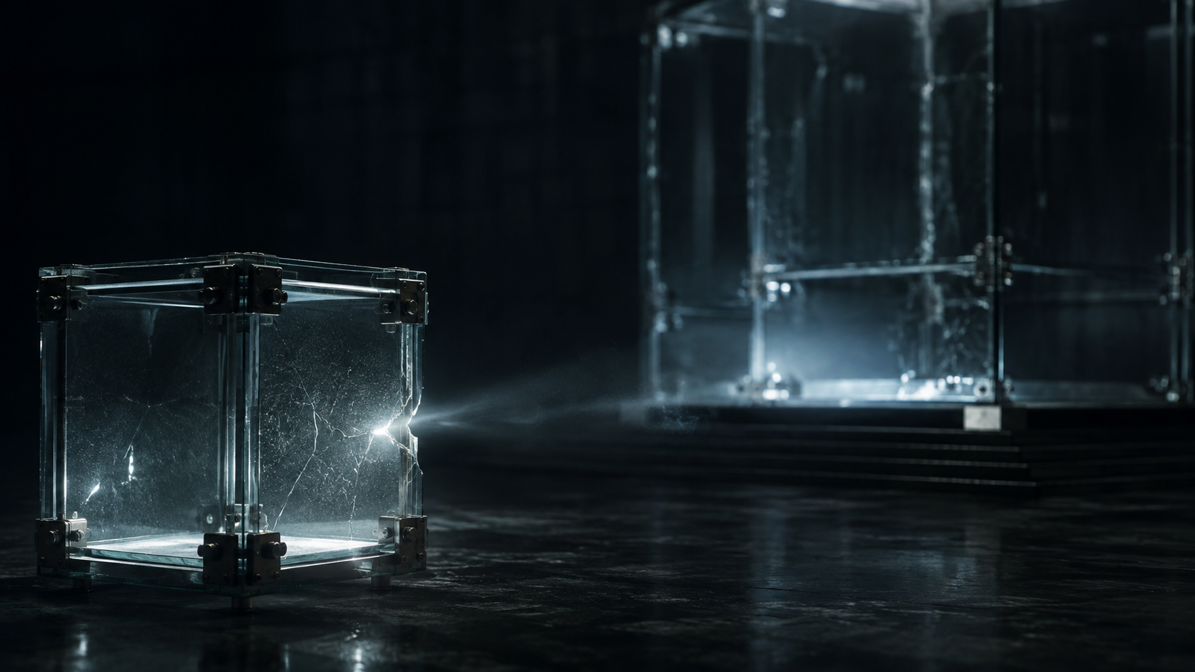 Une boîte de verre lumineuse sur fond sombre, un filet de lumière s'échappant d'une fissure vers une structure plus grande