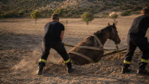 Des pompiers vus de dos aident une jument à sortir d’un trou à l’aide de sangles, dans un pré sec de Corse.