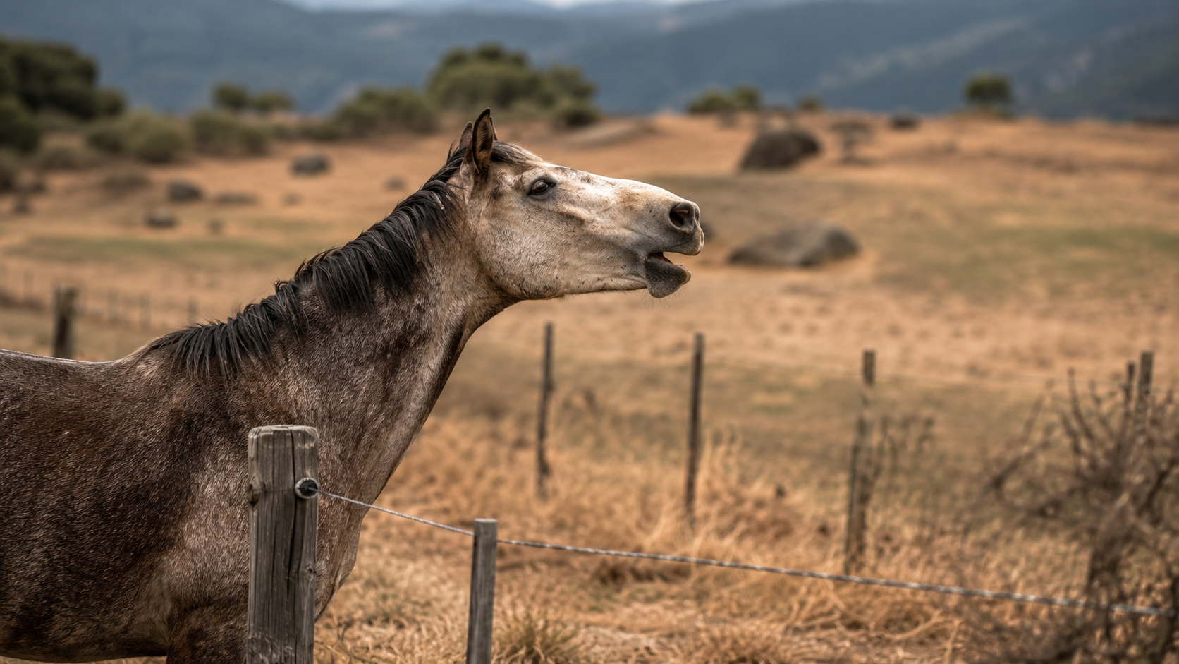 Un vieux cheval dresse la tête près d’une clôture, comme s’il hennissait vers le fond du pré.